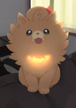 ambiguous_gender blep brown_eyes daww fangs feral fur looking_at_viewer orange_body orange_fur paws sitting solo teeth tongue tongue_out olyester nintendo pokemon pokemon_winds_and_waves canid canine generation_10_pokemon mammal pokemon_(species) pombon 2026