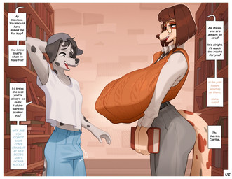 anthro baseball_cap big_breasts black_body black_fur book bottomwear breasts brown_hair clothing denim denim_bottomwear denim_clothing dialogue duo erection erection_under_clothing eyewear female fluffy fluffy_tail footwear fur glasses hair hat headgear headwear huge_breasts jeans library looking_at_breasts male multicolored_body multicolored_fur orange_clothing orange_sweater orange_topwear pants shirt shoes shorts speech_bubble sweater tail tan_body tan_fur text topwear two_tone_body two_tone_fur wearing_glasses white_body white_clothing white_fur white_shirt white_topwear crackiepipe clarita_(crackiepipe) maxie_(crackiepipe) canid canine canis dalmatian domestic_dog greyhound hunting_dog mammal sighthound 2026 english_text