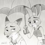 anthro dripping duo female male male/female ship umbrella vehicle watercraft hatakeclarissarts disney inktober zootopia judy_hopps nick_wilde canid canine fox lagomorph leporid mammal rabbit red_fox true_fox 1:1