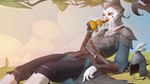 anthro armor drinking female gourd_bottle melee_weapon plant reclining solo sword tree weapon okata avian bird absurd_res hi_res