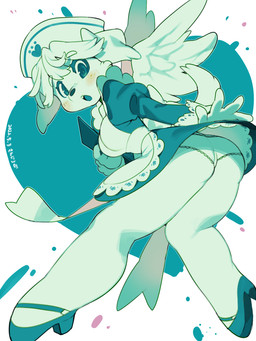 :o anthro bow_ribbon breasts clipboard clothed clothing eyelashes feathered_wings feathers female footprint footwear freckled_face freckles frilly frilly_clothing frilly_panties frilly_underwear hat headgear headwear heart_symbol high_heels maid_uniform nurse_clothing nurse_hat nurse_headwear open_mouth panties pawprint rosy_cheeks shoes solo underwear uniform upskirt wings sanjiro canid canine canis domestic_dog mammal 2022 3:4 dated hi_res
