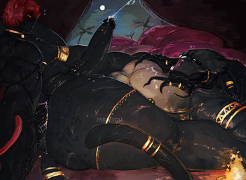 anal anal_orgasm anal_penetration anthro big_muscles big_pecs big_penis black_body black_glans black_penis bodily_fluids cum cum_on_chest cum_on_self cum_while_penetrated duo ejaculation erection fire genital_fluids genital_piercing genitals glans gold_(metal) gold_jewelry hair hands-free heart_symbol hearts_around_head humanoid_genitalia humanoid_penis hung_bottom jewelry larger_penetrated larger_sub long_hair lying male male/male moon muscular muscular_bottom muscular_male muscular_sub muscular_thighs night nipple_piercing nipples nude on_back open_mouth orgasm palm_tree pecs penetration penile penile_penetration penis penis_in_ass penis_piercing piercing plant pupils red_eyes red_hair red_tail sex size_difference small_top_big_bottom submissive tail thick_thighs tree white_pupils parasytal predator_(franchise) cupcake_(parasytal) alien yautja hi_res watermark