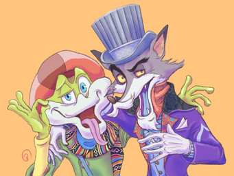 5_fingers anthro blue_clothing blue_eyes blue_hat blue_headwear blue_shirt blue_tongue blue_topwear cheeky clothed clothed_anthro clothed_male clothing duo elderly_anthro elderly_male facial_hair fangs fingers fur gloves goatee green_body green_clothing green_jacket green_topwear grey_body grey_fur handwear hat headgear headwear jacket male male_anthro monotone_background multicolored_scarf mustache open_mouth open_smile orange_background pattern_clothing pattern_hat pattern_headgear pattern_headwear pink_tongue purple_clothing purple_jacket purple_topwear red_clothing red_hat red_headwear red_scarf scarf shirt simple_background smile striped_clothing striped_hat striped_headgear striped_headwear stripes teeth tongue tongue_out top_hat topwear white_clothing white_gloves white_handwear yellow_clothing yellow_sclera yellow_topwear lunakichi shima_spain_village_parque_espana alejandro_(shima_spain_village) julio_ranana amphibian canid canine canis frog mammal wolf 2025 digital_drawing_(artwork) digital_media_(artwork) shaded soft_shading