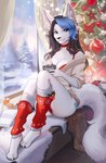 anthro black_hair black_nose blue_eyes blue_hair christmas_tree clothing female fur grey_body grey_fur hair holidays lingerie long_tail multicolored_hair neck_ribbon plant pose red_clothing red_lingerie smile solo sweater tail topwear tree white_body white_fur wide_hips conditional_dnp sadbitch christmas dawn_(ask_derpy_cat1) domestic_cat felid feline felis mammal hi_res pinup