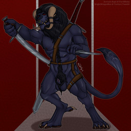 4_ears 4_horns 6_nipples abs abstract_background animal_genitalia anthro armpit_hair ball_tuft balls biceps biped black_hair blue_body blue_fur body_hair claws dagger digitigrade facial_piercing fangs front_view fully_sheathed fur genitals greatsword grin hair happy_trail harness holding_object holding_weapon horn looking_at_viewer male mane melee_weapon multi_ear multi_horn multi_nipple muscular muscular_anthro muscular_male navel nipples nose_piercing nose_ring nude pawpads paws pecs piercing pink_sheath_slit pubes quads red_eyes ring_piercing sheath sheath_slit smile solo standing sword tail teeth text tuft weapon zevrant_bapt_(artist) guild_wars charr felid mammal 1:1 2023 artist_name colored digital_drawing_(artwork) digital_media_(artwork) full-length_portrait hi_res portrait shaded signature