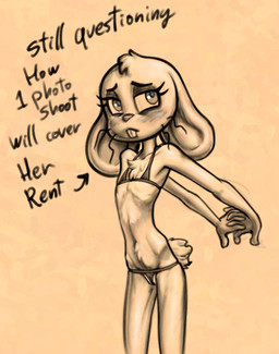 anthro bikini biped black_text blush blush_lines buckteeth chest_tuft clothed clothed_anthro clothed_female clothing crooked_whiskers eyebrows eyelashes female female_anthro flat_chested floppy_ears fur glistening glistening_eyes hands_behind_back interlocked_fingers looking_aside micro_bikini pupils short_tail skimpy solo standing swimwear tail teeth text tuft two-piece_swimsuit young young_anthro young_female soulcentinel roommates:motha molly_(roommates) lagomorph leporid mammal rabbit 2026 english_text handwritten_text monochrome sepia adult_(lore)