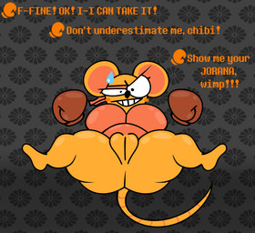 anthro big_ears blush bodily_fluids boxing_gloves clothing dialogue female floating_hands genitals handwear inviting_to_sex inviting_viewer looking_at_viewer lying on_back orange_body plant simple_background solo spread_legs spreading sweat sweatdrop tail text vulva skeletonhearts deltarune undertale_(series) orange_(deltarune) elemental_creature flora_fauna mammal mouse murid murine rodent english_text hi_res