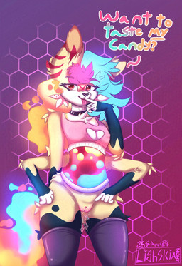 4_arms anthro bodily_fluids breasts clothed clothing crop_top dialogue dripping female footwear fur genital_fluids genitals glowing glowing_body glowing_genitalia hair lamp lava lava_lamp lava_lamp_body legwear licking looking_at_viewer multi_arm multi_limb nude partially_clothed shirt simple_background socks solo stockings tail tail_tuft teasing text thigh_gap thigh_highs thigh_socks tongue tongue_out topwear tuft vulva lighskia hellaverse helluva_boss mythology queen_bee-lzebub_(helluva_boss) arthropod canid canid_demon canine demon fox hellhound hybrid insect mammal mythological_canine mythological_creature absurd_res digital_media_(artwork) hi_res