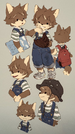anthro backpack baseball_glove clothing dirty grin hat headgear headwear kemono looking_aside looking_at_viewer male overalls pattern_clothing pattern_shirt pattern_topwear red_backpack shirt smile solo striped_clothing striped_shirt striped_topwear stripes topwear young young_anthro young_male nishiko24 ookami_(nishiko24) canid canine canis mammal wolf 2020 absurd_res adobe_photoshop_(artwork) digital_media_(artwork) hi_res japanese_description procreate_(artwork)