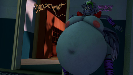 5_fingers anthro belly big_belly big_breasts breasts colored_nails duo eyebrows female female_anthro fingernails fingers green_fingernails green_hair green_nails grey_hair hair huge_belly huge_breasts hyper hyper_belly lips nails penis_shadow purple_lips shadow sharp_teeth tail teeth text coriponer five_nights_at_freddy's five_nights_at_freddy's:_security_breach scottgames steel_wool_studios roxanne_wolf canid canine canis mammal wolf 16:9 2026 3d_(artwork) 4k absurd_res digital_media_(artwork) english_text hi_res source_filmmaker_(artwork) widescreen