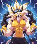 4_arms 5_fingers abs anthro anthrofied armor biceps black_bottomwear black_clothing blue_eyes bottomwear bulge claws clothed clothing fingers male mane multi_arm multi_limb muscular muscular_anthro muscular_male pecs pokemorph smile smirk solo spikes topless white_body white_mane yellow_body myiko nintendo pokemon dusk_mane_necrozma generation_7_pokemon legendary_pokemon necrozma pokemon_(species) solgaleo absurd_res hi_res