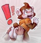 2017 aiai ambiguous_gender anthro bitfly blush bodily_fluids bottomless brown_body brown_fur butt butt_grab clothed clothing digital_media_(artwork) disembodied_hand duo exclamation_point fur grope hand_on_butt haplorhine hi_res male mammal monkey monkey_(tloz) nintendo open_mouth partially_clothed primate questionable_consent shirt signature solo_focus super_monkey_ball surprise sweat the_legend_of_zelda topwear