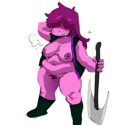 anthro areola axe blush breasts female genitals mostly_nude nipples pubes sharp_teeth simple_background slightly_chubby solo teeth vulva white_background inker_comics deltarune undertale_(series) susie_(deltarune) reptile scalie