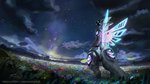 ambiguous_gender anthro biped black_body black_fur cloud detailed_background flower fur landscape machine nature night outside plant rear_view scenery sky solo standing star starry_sky visor wings foxixus spectrum protogen 16:9 2021 digital_media_(artwork) hi_res widescreen