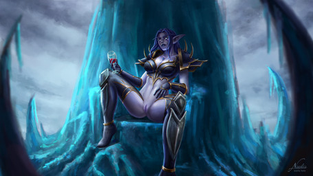 abs alcohol armor armored_boots beverage blue_hair blue_lips breasts chair cleavage clothed clothing container cup dominant dominant_female drinking_glass eyebrows facial_markings female furniture gauntlets genitals glass glass_container glass_cup gloves glowing glowing_eyes hair handwear head_markings humanoid_pointy_ears ice jewelry lips long_eyebrows markings midriff necklace not_furry pointy_ears sitting solo throne unconvincing_armor vulva wine wine_glass naelia blizzard_entertainment warcraft melwinne elf humanoid night_elf 16:9 2023 alternate_version_at_source hi_res widescreen