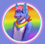 accessory anthro blue_body blue_eyes blue_fur clothing fur gradient gradient_background hair kerchief kerchief_only lgbt_pride male mostly_nude multicolored_clothing multicolored_kerchief multicolored_neckerchief multicolored_neckwear neckerchief neckwear open_mouth pink_hair pink_nose pride_color_accessory pride_color_background pride_color_bandanna pride_color_clothing pride_color_kerchief pride_color_neckerchief pride_color_neckwear pride_colors rainbow_background rainbow_clothing rainbow_gradient rainbow_kerchief rainbow_neckerchief rainbow_pride_clothing rainbow_pride_colors rainbow_symbol simple_background six-stripe_rainbow_pride_colors solo teeth tongue white_body white_fur berubeswagos berube canid canine fox mammal 2021 absurd_res digital_media_(artwork) digital_painting_(artwork) half-length_portrait hi_res icon portrait