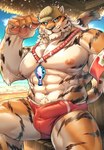 2022 5_fingers abs anthro armband armpit_hair beach biceps big_muscles biped black_nose body_hair bulge claws clothed clothing colored day detailed_background detailed_bulge erection erection_under_clothing felid fingers fur hair hat headgear headwear hi_res huge_muscles humanoid_hands lifeguard male mammal markings muscular muscular_anthro muscular_male muscular_thighs navel nipples oaks16 orange_body orange_fur orange_tail pang_(sdorica) pantherine pawpads pecs pink_pawpads pubes red_clothing red_swimming_trunks red_swimwear sand sdorica seaside solo spread_legs spreading striped_body striped_fur striped_markings striped_tail stripes swimming_trunks swimwear tail tail_markings tan_body tan_fur tan_hair teal_eyes tiger whistle_(object)