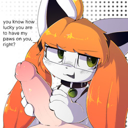 bestiality collar dialogue eyewear female feral fur genitals glasses green_eyes hair half-closed_eyes human_on_feral humanoid_genitalia humanoid_penis interspecies lying male male/female narrowed_eyes on_back orange_body orange_fur orange_hair pawpads paws penis smile solo talking_feral teasing text white_body white_fur lodetail melody_(lodetail) canid canine fox human mammal 1:1 2026 colored digital_media_(artwork) english_text hi_res shaded