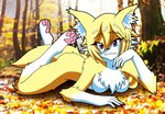 anthro ass_up blonde_hair chest_tuft claws female forest fur gloves_(marking) hair hand_on_face inner_ear_fluff leg_markings looking_at_viewer lying markings nude on_front plant purple_claws purple_eyes smile socks_(marking) solo tree tuft white_body white_fur yellow_body yellow_fur nikku_lunatique ouko_furinji canid canine canis fox mammal hi_res