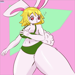 5_fingers anthro big_breasts blonde_hair bra breasts clothing confusion female fingers fluffy fluffy_tail hair interrobang rear_view red_eyes short_hair slim solo tail thick_thighs underwear castinly one_piece carrot_(one_piece) lagomorph leporid mammal minkmen_(one_piece) rabbit 1:1 hi_res