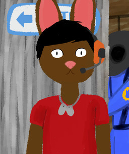 2fort anthro black_hair brown_body brown_fur clothing cosplay duo fur gas_mask hair headgear jewelry looking_at_viewer male mask necklace suit soyatolewey team_fortress_2 valve atole pyro_(team_fortress_2) scout_(team_fortress_2) human lagomorph leporid mammal rabbit 5:6 hi_res portrait