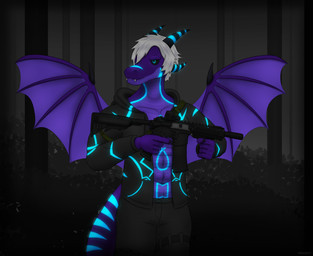 abs anthro athletic athletic_anthro athletic_male clothed clothing gun hair hoodie horn male mk18 navel open_clothing pecs purple_body ranged_weapon scales solo tail topwear ventral_scales weapon white_hair wings mkaiast mythology grydir_dacanoor_(griffonki) dragon mythological_creature mythological_scalie scalie hi_res