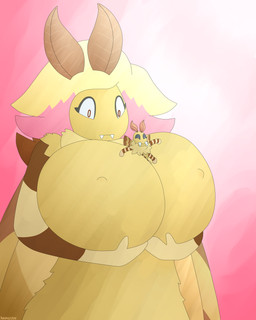 antennae_(anatomy) anthro big_breasts breast_squish breasts duo female hair huge_breasts multicolored_hair non-mammal_breasts nude simple_background squish wings kespuzzuo povimoulli_(kespuzzuo) arthropod insect lepidopteran moth 2018 4:5 absurd_res digital_media_(artwork) hi_res