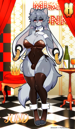 5_fingers anthro biped breasts bulge clothed clothed_anthro clothed_gynomorph clothed_intersex clothing fingers front_view gynomorph inside intersex leotard looking_at_viewer navel small_waist smile solo standing thick_thighs wide_hips thericegoat jund_(smugjund) lagomorph leporid mammal rabbit 2025 absurd_res digital_drawing_(artwork) digital_media_(artwork) hi_res
