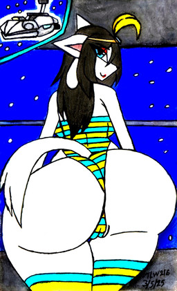 anthro big_breasts big_butt breasts butt camel_toe clothing crown female genitals headgear legwear lipstick looking_at_viewer looking_back makeup one_piece_suit presenting presenting_hindquarters royalty space spacecraft stockings vehicle vulva theloanwanderer216 undertale undertale_(series) temmie_(undertale) felid feline mammal tem absurd_res hi_res traditional_media_(artwork)