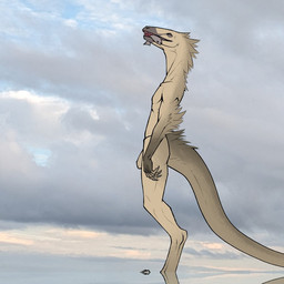 anthro arm_tuft athletic athletic_male casual_nudity claws cloud digitigrade elbow_tuft eyes_closed feather_tuft feathers finger_claws flaccid food_in_mouth foreskin genitals grey_body grey_feathers grey_penis head_tuft humanoid_genitalia humanoid_penis long_snout long_tail male nude nude_male object_in_mouth outside penis reflection sharp_teeth sky smile snout solo standing tail tan_body teeth tuft unretracted_foreskin water bullchicken aquatic dinosaur dromaeosaurid fish prehistoric_species reptile saurischian scalie theropod velociraptor 1:1 2026 colored digital_drawing_(artwork) digital_media_(artwork) flat_colors