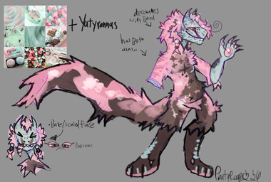 accessory ambiguous_gender anthro beads brown_body brown_fur brown_spots face_scales fur green_body green_scales hair_accessory hair_beads leg_scales mastectomy_scar mint_chocolate_chip mint_fur mint_green_fur pink_body pink_fur pink_stripes scales scar sharp_teeth solo spots striped_tongue stripes teeth tongue pinatareaper dinosaur furred_dinosaur furred_scalie prehistoric_species reptile saurischian scalie theropod tyrannosauroid yutyrannus 2026 hi_res model_sheet