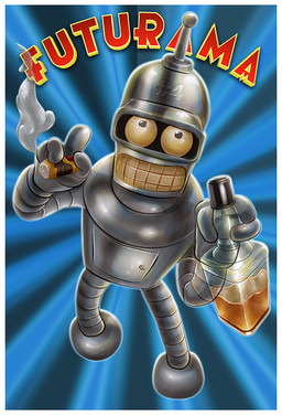 alcohol alcohol_bottle antennae_(anatomy) beverage beverage_bottle black_eyes border bottle cigarette container grey_body holding_bottle holding_container holding_object looking_at_viewer machine not_furry solo standing text white_body white_border chilli49shorty comedy_central futurama bender_bending_rodríguez robot english_text