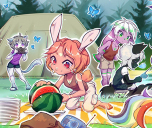 black_body black_fur bottomwear camera camping clothing electronics female female/female fishing fishing_rod fluffy fluffy_ears fluffy_tail food fruit fur green_eyes grey_hair group hair knife long_ears markings melon paws pink_body pink_fur pink_hair plant purple_body purple_eyes purple_fur radio red_eyes scut_tail shirt short_tail shorts sleeping tail tank_top tent topwear water watermelon whiskers white_body white_fur white_hair yuxare felid lagomorph leporid mammal rabbit