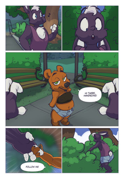 anthro bottomwear clothing denim denim_bottomwear denim_clothing denim_shorts dialogue duo ear_piercing female male male/female piercing shorts text topwear tube_top young young_anthro anonymous_artist sammy_(triixs) bear lagomorph leporid mammal rabbit absurd_res comic english_text hi_res