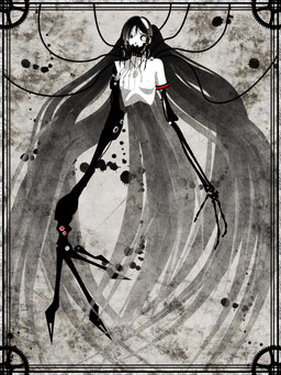 3_fingers big_hair bone bone_arm breasts female fingers gear hair huge_hair jewelry legless long_arms long_hair looking_at_viewer machine mechanical_arm medium_breasts necklace nipples red_eyes solo splat deino_(artist) calne_ca humanoid robot robot_humanoid 2009 3:4 3d_(artwork) autodesk_3ds_max_(artwork) digital_media_(artwork) full-length_portrait greyscale hi_res monochrome portrait spot_color