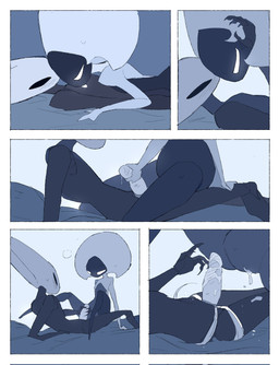 anthro bed bedroom biped black_body black_eyes bodily_fluids border bottomless bottomless_female bottomless_humanoid chest_lick clothed clothing detailed_background dildo dripping duo empty_eyes eye_contact female female/female female_anthro female_humanoid furniture genital_fluids genitals humanoid_on_anthro imminent_sex imminent_vaginal inside looking_at_another looking_at_partner lying mouthless nude nude_anthro nude_female on_back on_bed sex_toy sitting strapon vaginal_fluid_drip vaginal_fluid_string vaginal_fluids vulva white_body white_border white_eyes white_vulva justdog hollow_knight:_silksong hollow_knight_(franchise) team_cherry hornet_(hollow_knight) lace_(hollow_knight:_silksong) arthropod humanoid 2025 comic digital_drawing_(artwork) digital_media_(artwork) hi_res