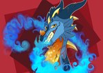 absurd_res art_fight blue_body blue_horn blue_scales dragon fire frozenfangs headshot_portrait hi_res horn looking_at_viewer mythological_creature mythological_scalie mythology orange_eyes portrait red_background scales scalie simple_background smile