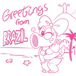 accessory anthro beach bow_ribbon brazil breasts cleavage clothed clothing female gesture hair_accessory hair_bow hair_ribbon hand_gesture looking_at_viewer one_eye_closed palm_tree plant ribbons seashell shell solo starfish_(accessory) swimwear text tree v_sign wink winking_at_viewer madmax mario_bros nintendo birdo_(character) asterozoan dinosaur echinoderm marine prehistoric_species reptile scalie starfish 2013 english_text