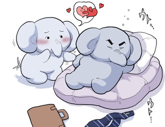 anthro bed blush chibi duo eyes_closed furniture grey_body lying male male/male pillow slightly_chubby tail tail_motion tailwag tyabasira0518 elephant elephantid mammal proboscidean 2021