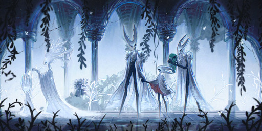 2_horns ambiguous_gender anthro biped black_body black_eyes blue_eyes cloak clothed clothing detailed_background empty_eyes family feral fingers group hand_holding holding_another horn husband_and_wife larger_ambiguous looking_at_another married_couple plant question_mark royalty size_difference smaller_ambiguous standing tree white_body white_clothing nacl hollow_knight_(franchise) team_cherry hollow_knight_(character) hornet_(hollow_knight) pale_king_(hollow_knight) the_knight_(hollow_knight) white_lady_(hollow_knight) arachnid arthropod elemental_creature flora_fauna grub_(hollow_knight) spider treant vessel_(species) 2026 hi_res female_(lore) half_sister_(lore) parent_(lore) parent_and_child_(lore) sibling_(lore) sister_(lore)