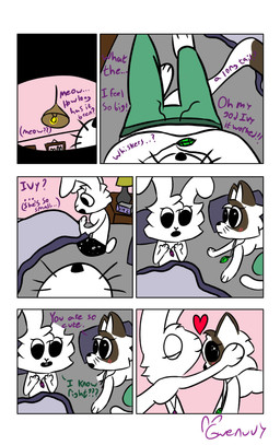 anthro bed bedroom blush body_swap cat_tail dialogue duo female female/female first_person_view front_view fur furniture heart_symbol kiss_on_forehead kissing magic multicolored_body multicolored_fur multiple_angles on_bed relationship shocked side_view sitting sitting_on_bed star_eyes whiskers white_body gwenuuy gwen_bnuuy ivy_kbitty domestic_cat felid feline felis lagomorph leporid mammal rabbit ragdoll_cat absurd_res comic hi_res