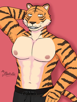 anthro armpit_tuft big_muscles big_pecs biped bottomwear clothed clothing front_view fur logo looking_at_viewer male male_anthro muscular muscular_anthro muscular_male nipples orange_body orange_fur pecs shadow shorts simple_background smile solo standing stripes tail teeth text topless topless_anthro topless_male mr._maestrello beastars bill_(beastars) bengal_tiger felid feline mammal pantherine tiger 2026 3:4 absurd_res artist_logo artist_name colored digital_drawing_(artwork) digital_media_(artwork) hi_res shaded signature watermark
