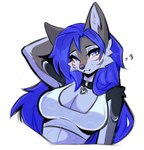 anthro big_breasts black_collar blue_eyes blue_hair blush breasts cheek_tuft cleavage clothed clothing collar collar_tag countershade_face countershade_fur countershade_torso countershading eyebrows eyelashes facial_tuft female fur grey_body grey_fur hair hand_behind_head long_hair looking_at_viewer simple_background snout solo tuft white_background mayrin_(artist) zombiikyu grace_(littlevulpine) canid canine mammal absurd_res bust_portrait hi_res portrait