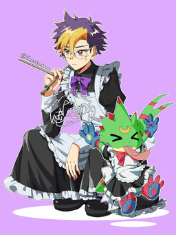 anthro clothed clothing crossdressing crossdressing_male duo eyewear glasses hair long_tongue maid_uniform male purple_hair red_eyes tongue tongue_out uniform sesshu_kana bandai_namco digimon digimon_beatbreak tomoro_tenma digimon_(species) gekkomon human mammal scalie 3:4 hi_res