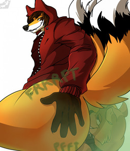 anthro anus balls big_butt butt butt_grab clothed clothing duo facesitting fart fart_cloud fart_fetish farting_on_another farting_on_face fur genitals hand_on_butt male male/male multi_tail orange_body orange_fur raised_tail sitting_on_another spread_butt spreading tail thick_thighs anikifaux canid canine fox mammal mustelid otter hi_res