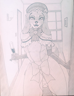alternative_fashion anthro beverage classic_lolita clothed clothing container cosplay cup female floppy_ears fluffy fluffy_ears fluffy_hair glass glass_container glass_cup hair hallway hat headgear headwear j-fashion lace lolita_(fashion) looking_at_viewer ribbons smile solo tail window paralda 07th_expansion umineko_when_they_cry when_they_cry angel_shadow eva_beatrice canid canine canis dachshund domestic_dog hunting_dog long-haired_dachshund mammal absurd_res greyscale hi_res monochrome