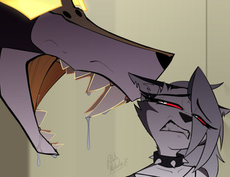 anthro black_collar black_ears black_eyebrows black_nose bodily_fluids clenched_teeth collar collarbone drooling duo ear_piercing ears_down extreme_size_difference eye_through_hair eyebrow_through_hair eyebrows eyelashes fangs female female_anthro fur glowing glowing_eyes grey_body grey_fur grey_hair hair hair_over_eye head_tilt inner_ear_fluff long_hair looking_aside multicolored_body multicolored_fur narrowed_eyes notched_ear open_mouth orange_body orange_fur piercing pivoted_ears pupils red_sclera saliva saliva_on_face sharp_teeth size_difference slit_pupils snout spiked_collar spikes teeth translucent translucent_hair tuft two_tone_body two_tone_fur white_body white_eyes white_fur white_inner_ear white_inner_ear_fluff yellow_eyes potatonebula alien_(franchise) hellaverse helluva_boss mythology loona_(helluva_boss) queen_bee-lzebub_(helluva_boss) canid canid_demon canine demon fox hellhound mammal monster mythological_canine mythological_creature 2025 signature