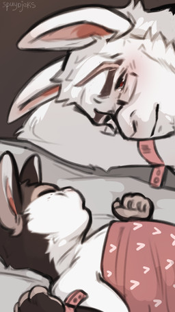 ambiguous_gender anthro biped claws clothed clothed_ambiguous clothed_anthro clothing duo eyewear facial_tuft fingers freckled_face freckles fur glasses lying male scar simple_background sleeping smile tuft young spuydjeks marshall_(spuydjeks) lagomorph leporid mammal rabbit 2026 9:16 digital_drawing_(artwork) digital_media_(artwork) hi_res daughter_(lore) father_(lore) female_(lore) parent_(lore)