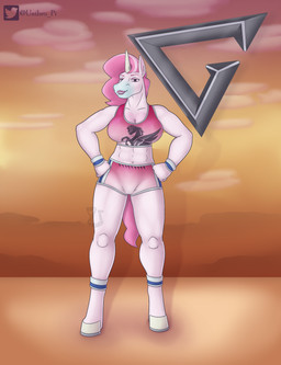 abs anthro athletic_wear big_breasts bottomwear bra breasts clothed clothed_anthro clothed_female clothing cloud detailed_background evening female fist front_view gym_bottomwear gym_shorts hair hands_on_hips hooves horn humanoid_hands legband long_hair midriff muscular muscular_anthro muscular_female navel pink_hair pose shorts sky smile solo sports_bra standing text underwear wristband unibro_pi mythology huniepi equid equine mammal mythological_creature mythological_equine unicorn absurd_res artist_name full-length_portrait hi_res portrait