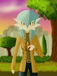 blue_hair city cityscape clothing coat detailed_background female grass hair orange_eyes plant pokeball solo standard_pokeball topwear tree trenchcoat cobra0281 nintendo pokemon alyx_(cobra0281) gardevoir generation_3_pokemon pokemon_(species) shiny_pokemon 2021 3:4 absurd_res digital_media_(artwork) hi_res shaded signature